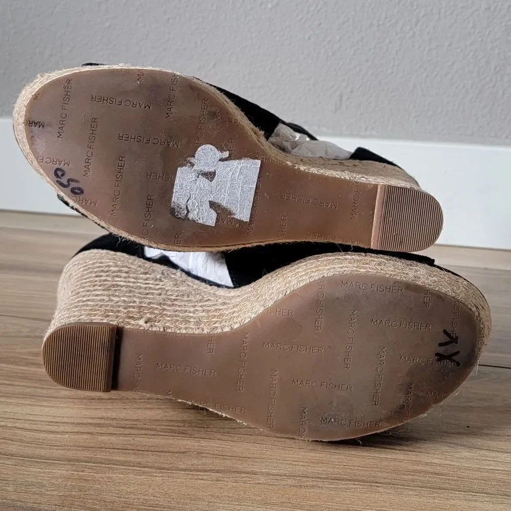Marc Fisher Helina Platform Laser Cutout Suede Peep Toe Espadrille Wedge Black